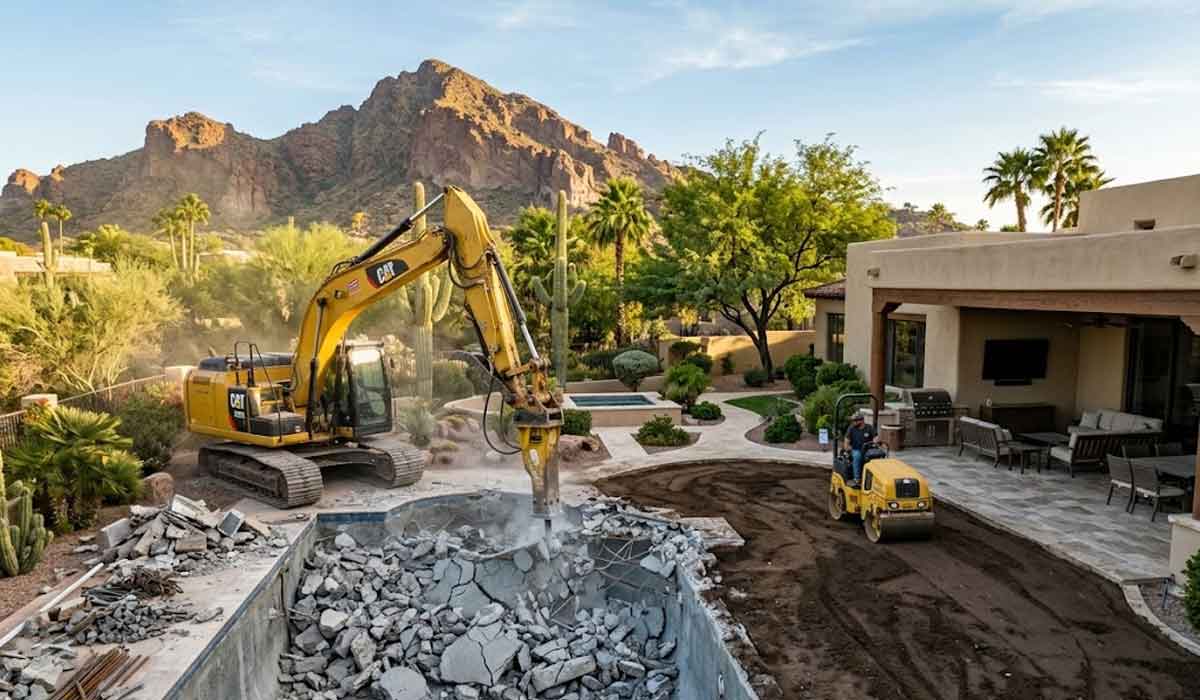 Excavator demolishing a swimming pool in a backyard while a small roller compacts dirt nearby; desert landscape and mountains in the background.