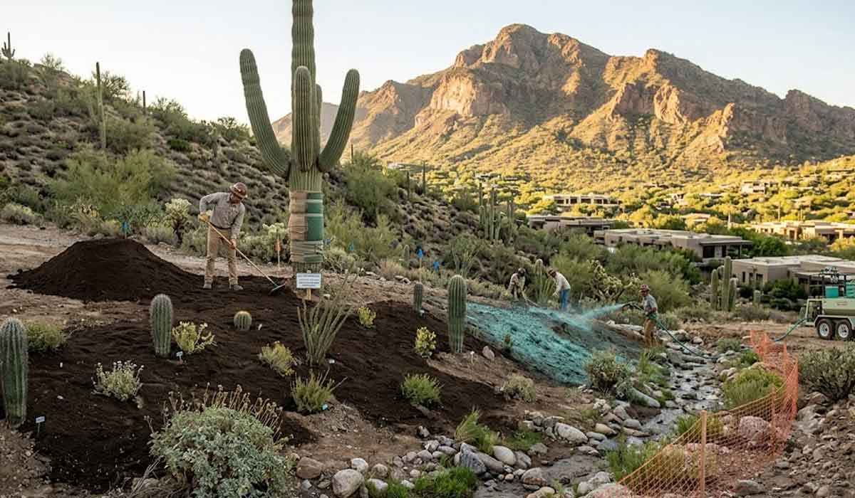 Workers landscape a desert hillside with soil, cacti, rocks, and erosion control materials; mountains and houses are visible in the background.