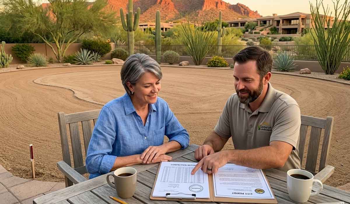 Two people sit at an outdoor table with paperwork and coffee, discussing documents in a desert garden setting with cacti and mountains in the background.