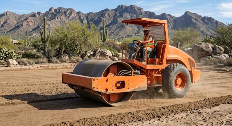 A construction worker operates an orange road roller, compacting soil on a dirt road with mountains and desert vegetation in the background.