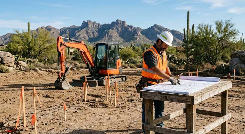 A construction worker in a safety vest reviews blueprints on a table at a desert site, with a small excavator and mountains in the background.