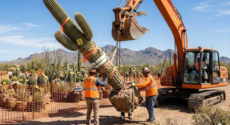 Construction workers use an excavator to relocate a large cactus in a desert area, with safety equipment and plants visible in the background.