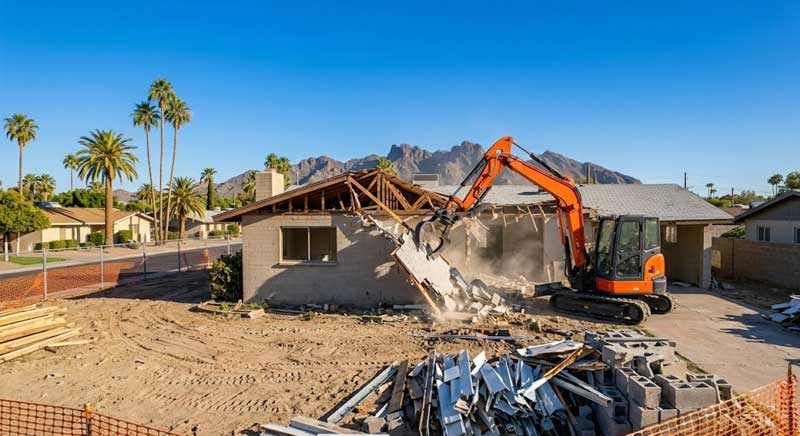 An excavator demolishes a single-story house, with debris scattered in the foreground and mountains visible in the background under a clear blue sky.