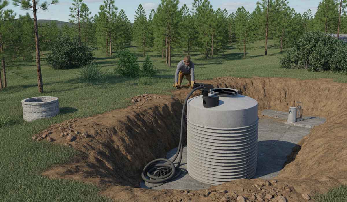 A person works near a large cylindrical concrete water tank partially buried in a dug-out area surrounded by grass and pine trees; hoses are connected to the tank.