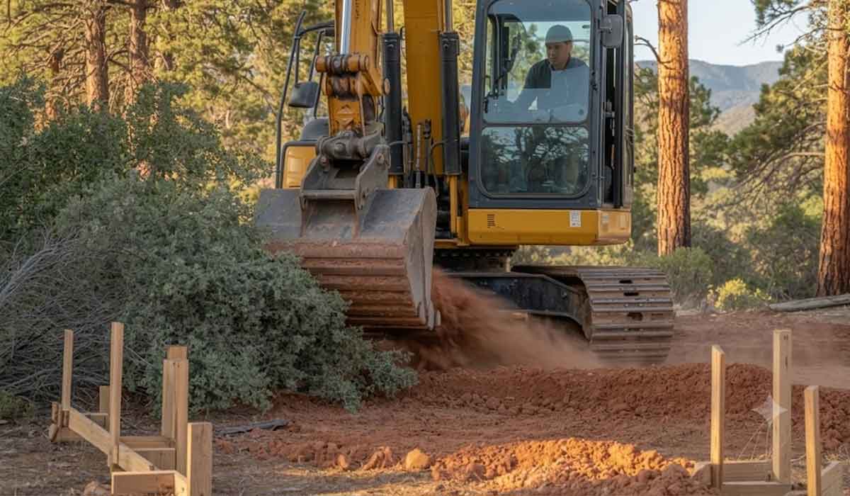 A man operates a yellow excavator, moving dirt at a construction site surrounded by trees and wooden framework.