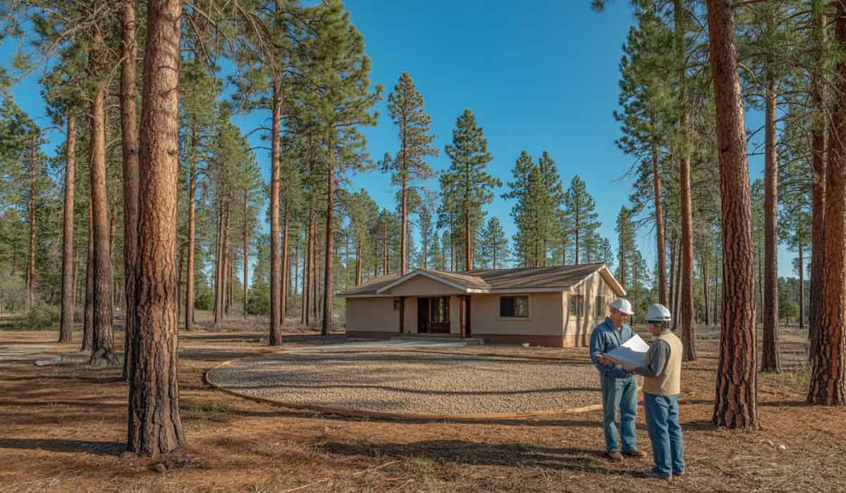 Two people in hard hats stand and talk in front of a single-story house surrounded by tall pine trees under a clear blue sky.