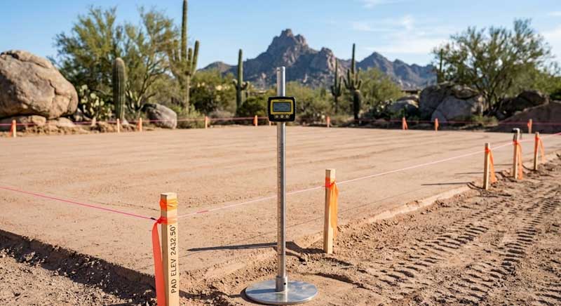 A leveled, rectangular plot of dirt is marked with stakes and pink string in a desert landscape, with a measuring instrument in the foreground and cacti and mountains in the background.