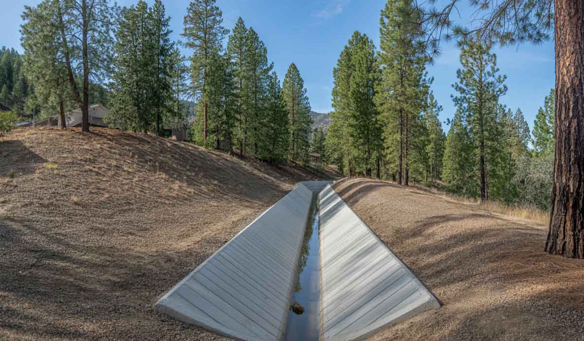 A concrete irrigation canal with a small amount of water runs through a dry, wooded landscape with scattered pine trees under a clear sky.