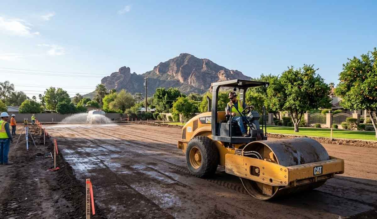 A construction worker operates a road roller on a dirt site near trees and a mountain in the background, while water is being sprayed on the ground.