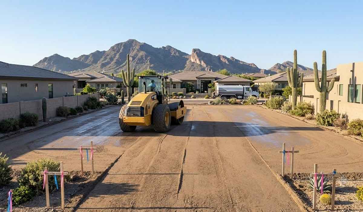 A construction vehicle smooths a dirt road between houses in a residential neighborhood, with mountains and cacti visible in the background.