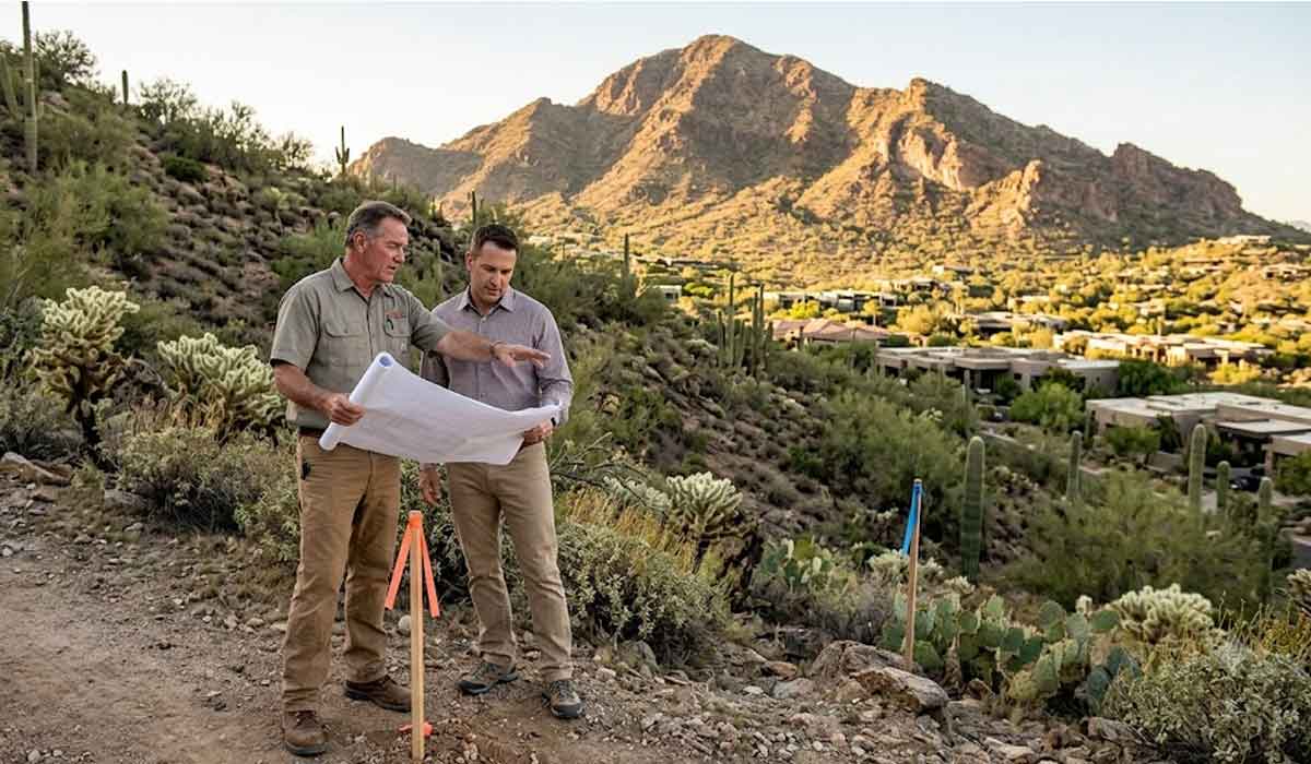 Two men stand on a desert hillside examining blueprints, with a mountain and residential area visible in the background.