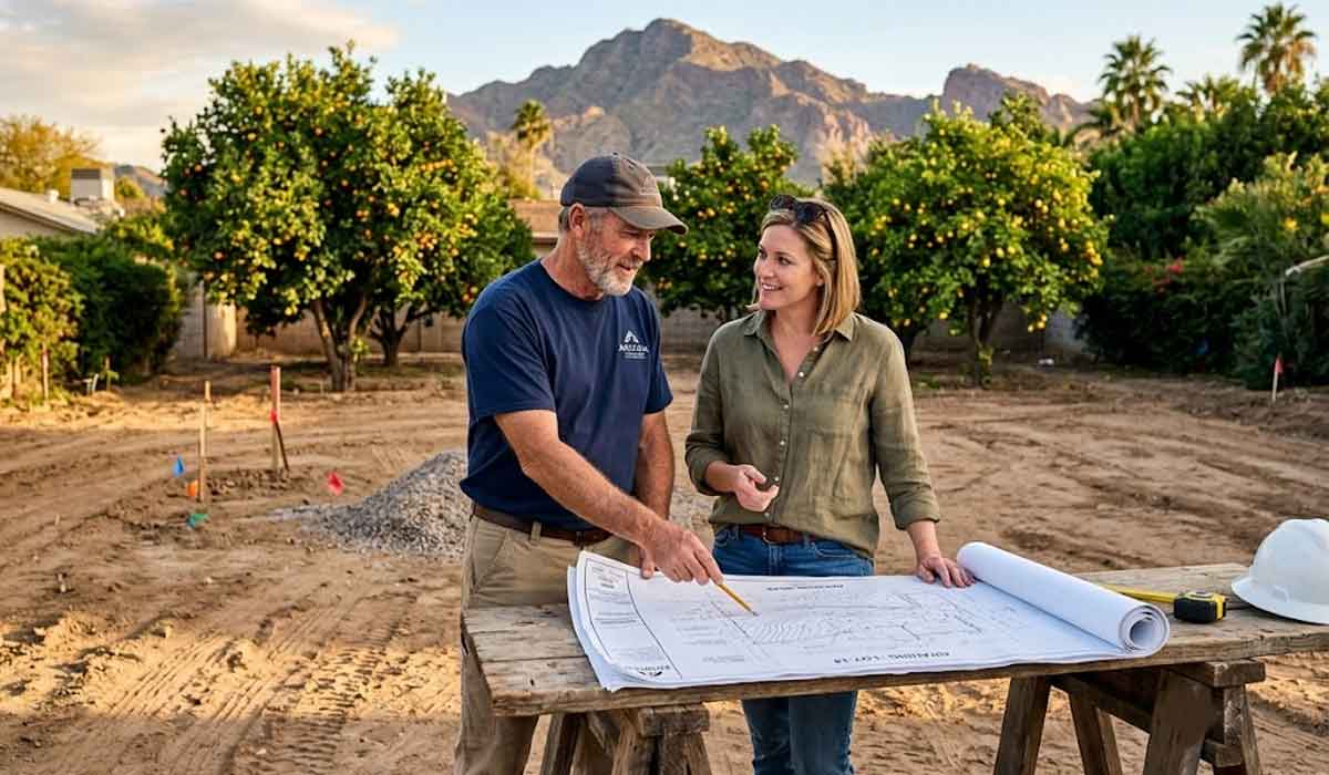 A man and a woman review blueprints at a construction site outdoors, with mountains and trees in the background.