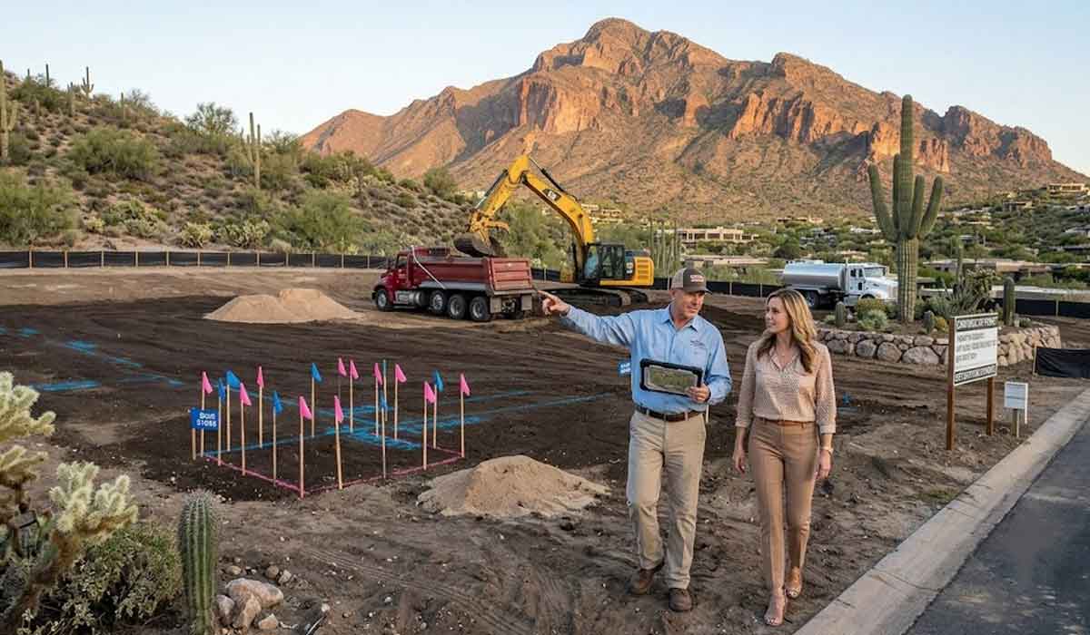 A man and a woman walk and talk at a construction site in a desert area with mountains in the background, excavator and trucks present, survey flags marking the ground.