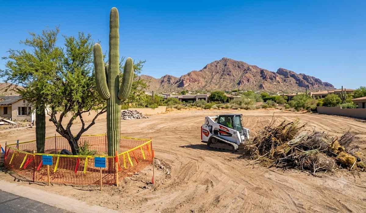A construction site in a desert area with a large cactus fenced off, a small loader moving debris, and mountains in the background under a clear blue sky.