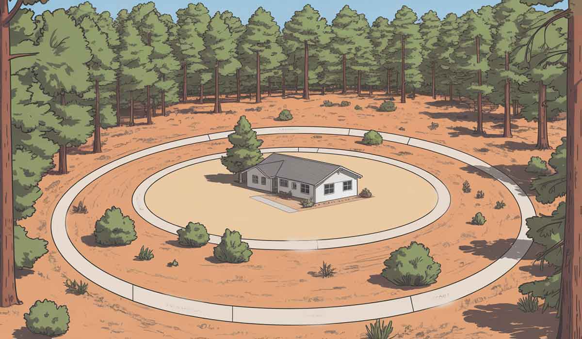 A single-story house sits in the center of a large cleared area surrounded by a circular concrete firebreak, with a dense forest beyond.