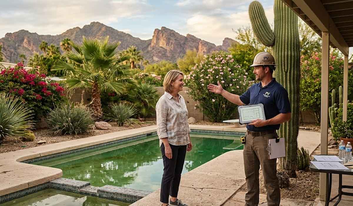 A woman and a man in a hard hat stand by a backyard pool, talking. The man holds a tablet. Desert plants and mountains are in the background.