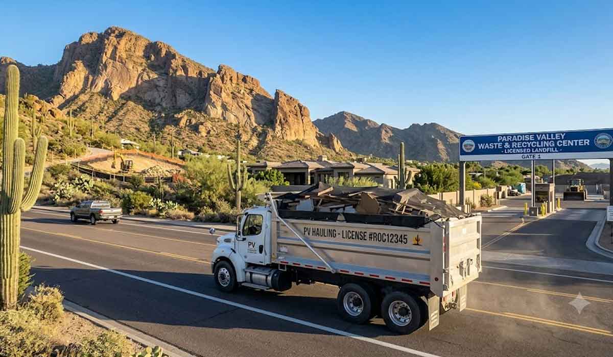 A white dump truck carrying debris drives past the Paradise Valley Waste & Recycling Center in a desert area with mountains and cacti in the background.