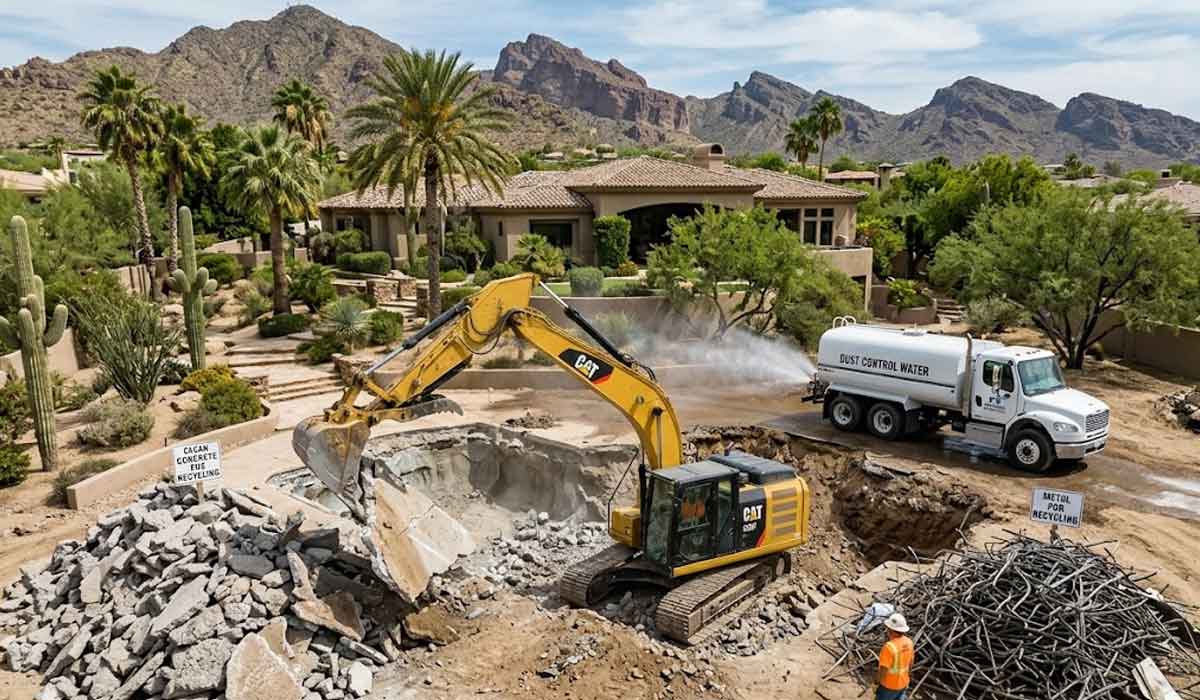 A yellow excavator demolishes concrete in front of a house in a desert neighborhood while a water truck sprays dust control mist; mountains and cacti are in the background.