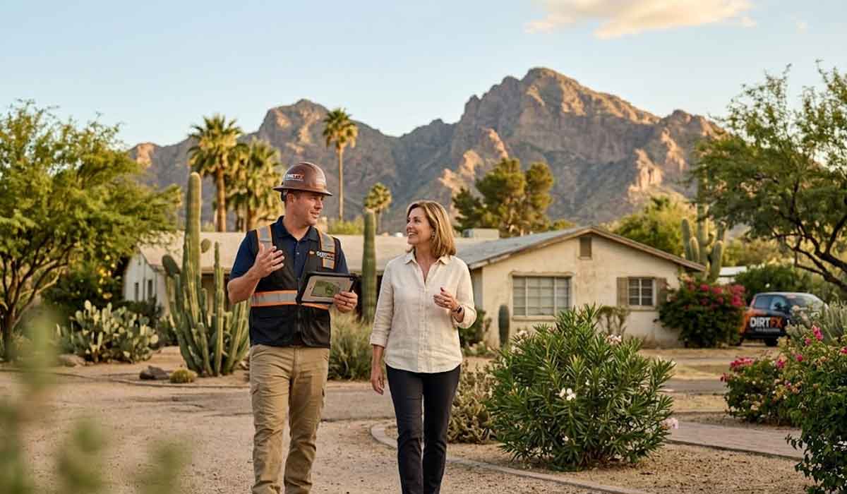 A man in a hard hat and vest walks with a woman on a desert neighborhood street lined with cacti, with mountains visible in the background.