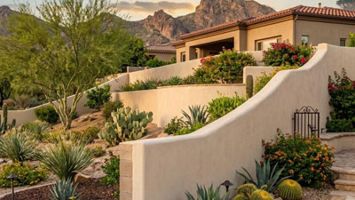 Desert landscaping with various cacti and shrubs surrounds a modern beige house with terracotta roof tiles, set against a backdrop of mountains at sunset.