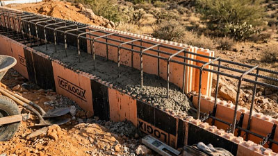 Concrete is being poured into an insulated concrete form (ICF) wall with steel reinforcement bars at a construction site in a desert environment.