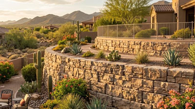 Stone retaining wall with desert landscaping, including cacti and shrubs, in a residential backyard with mountains visible in the background at sunset.