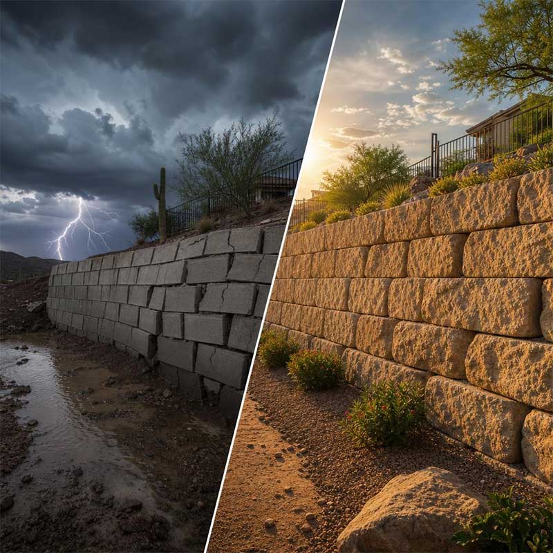 Split image of a retaining wall: one side shows stormy weather with lightning and mud, the other shows clear skies and sunlight with dry, landscaped ground.