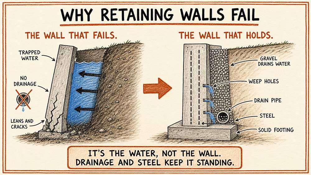 Comparison of a failing retaining wall with trapped water and cracks on the left, and a stable wall with drainage and steel reinforcements on the right.